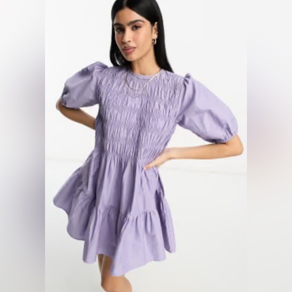 ASOS Dresses & Skirts - NWOT ASOS DESIGN shirred mini smock dress with puffed sleeves in lilac - Sz 10
